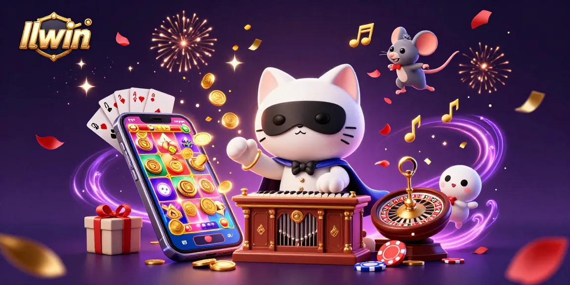 llwin features a captivating casino scene with a masked cat playing organ and colorful slot games.