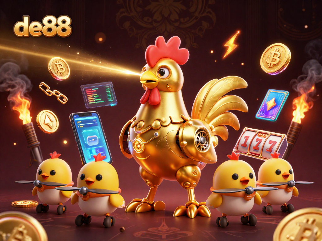 Experience thrilling slots action with de88 in a vibrant 3D illustration featuring a futuristic rooster robot.