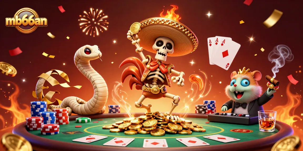 Experience the thrill of winning with mb66an, a vibrant casino celebration scene featuring animated characters and exciting poker elements.