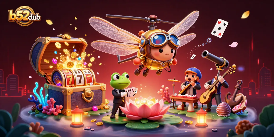 Experience the excitement of b52club with a vibrant 3D casino scene featuring unique characters.