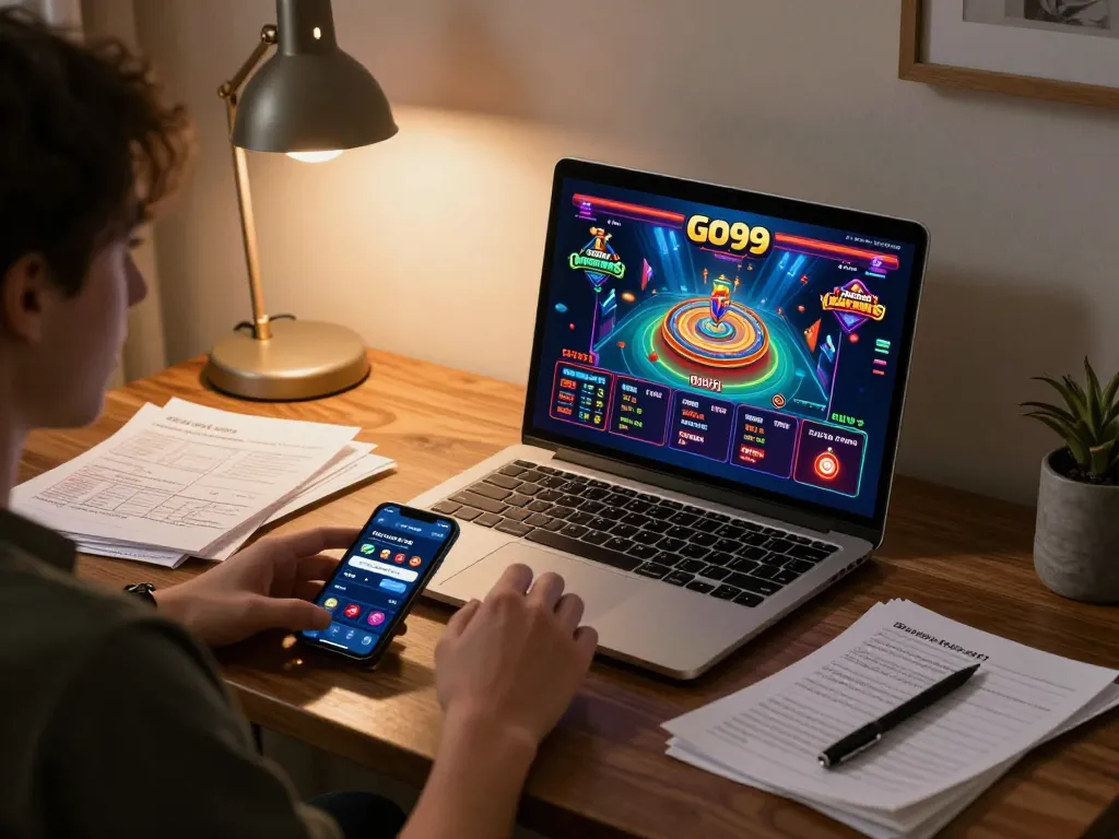Engaging in an online Go99 casino gaming session with strategic notes and vibrant interface.