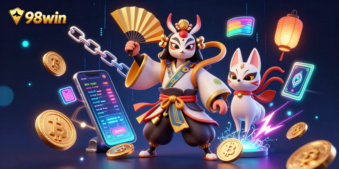 Experience 98win's thrilling casino adventure with cartoon warriors and crypto elements.
