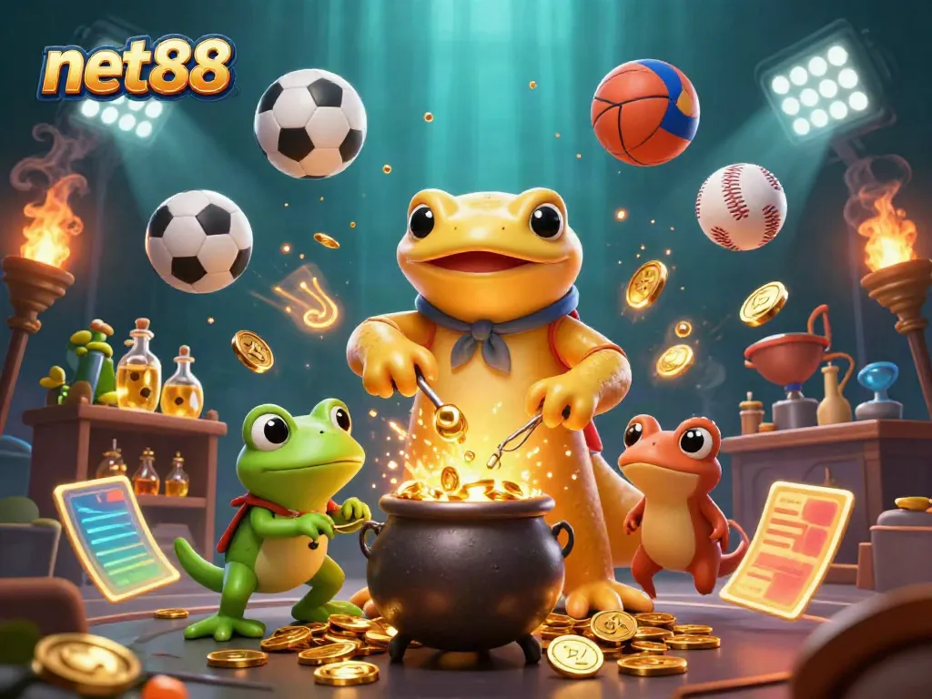 Experience thrilling net88 gaming with a vibrant scene of alchemy and sports betting at a magical casino