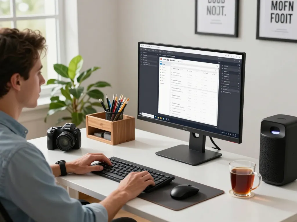 Workspace featuring tech gadgets for productivity like a wireless keyboard, monitor, and organizer enhancing work efficiency.