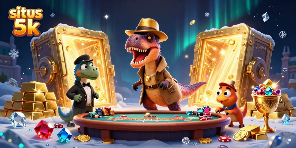 Experience intense fun at situs 5k with a colorful scene featuring a velociraptor card counter at a blackjack table.