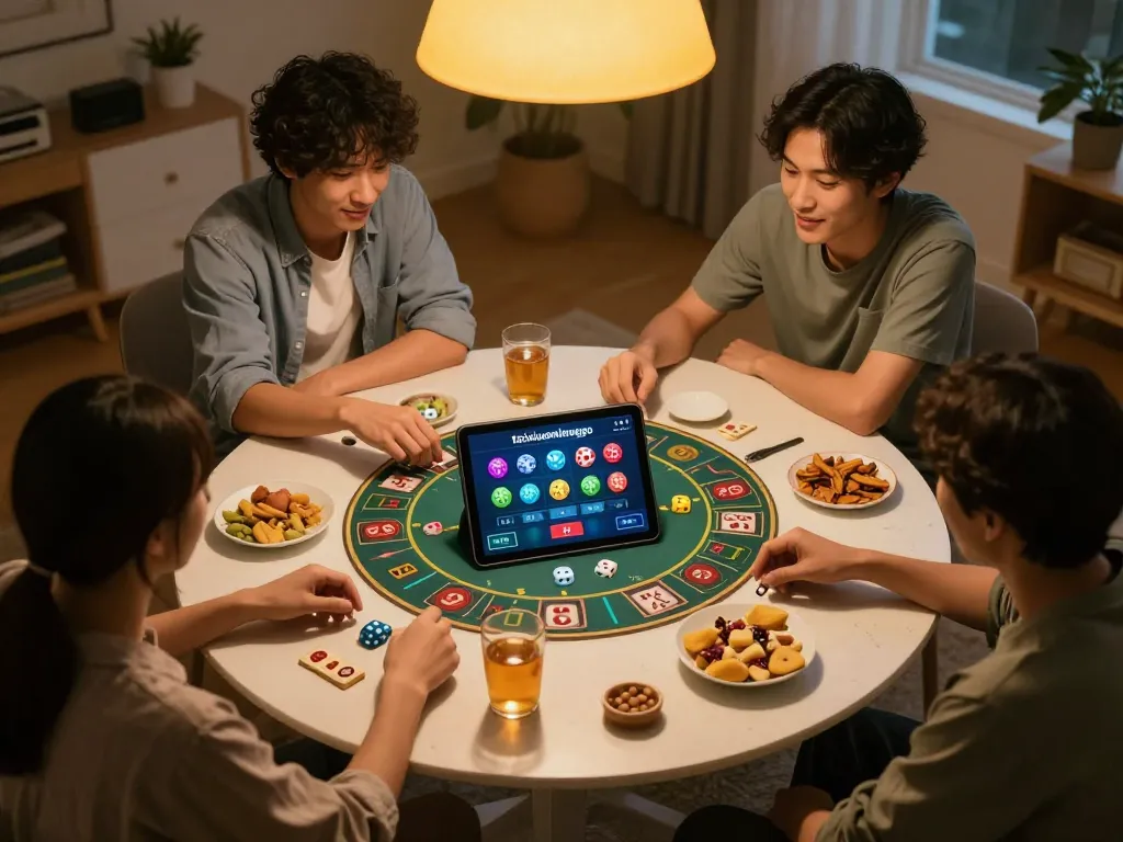Friends enjoying Tài Xỉu gameplay using the taixiuonlinego app, showcasing engaging atmosphere and snacks