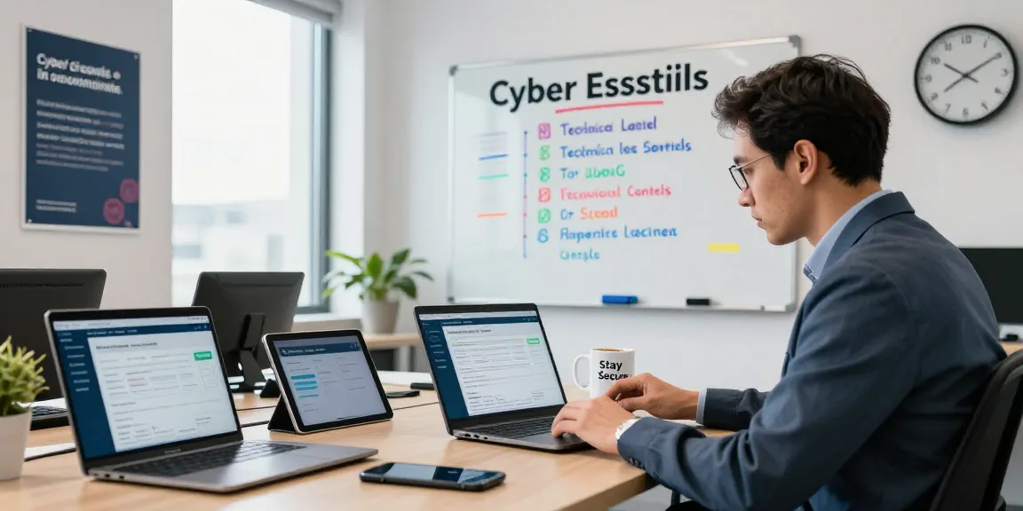 Cyber Essentials checklist displayed on a laptop in a modern office during cybersecurity review session.