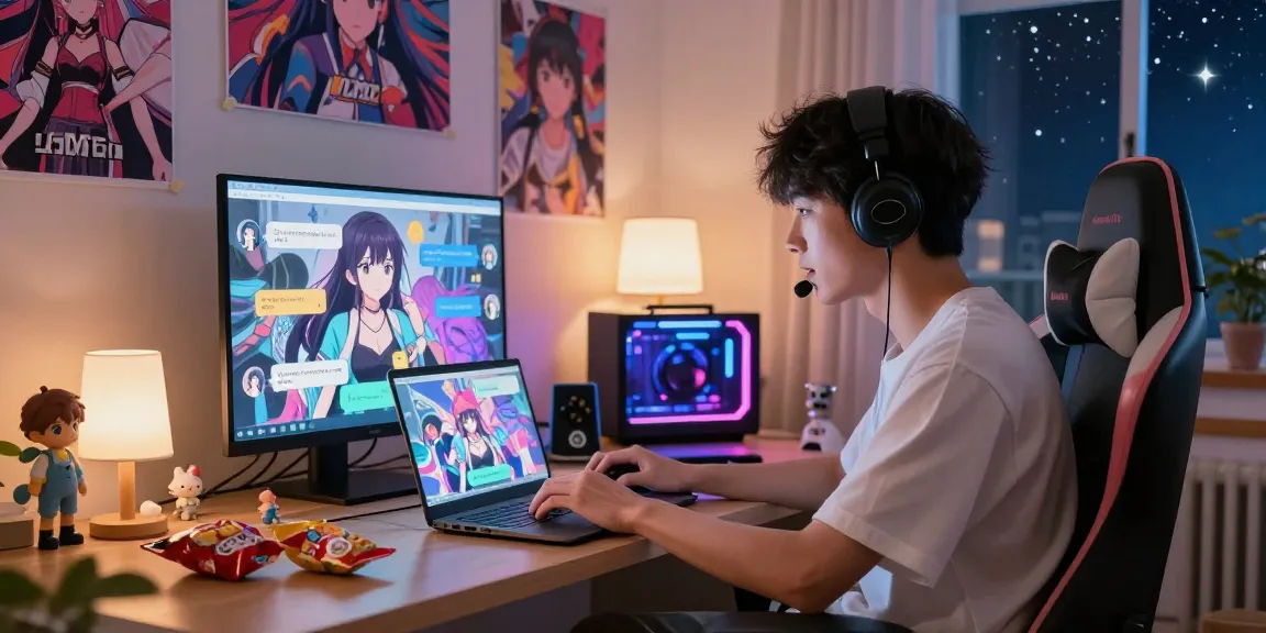 Youthful engagement with AI hentai chat platform in a vibrant living room.