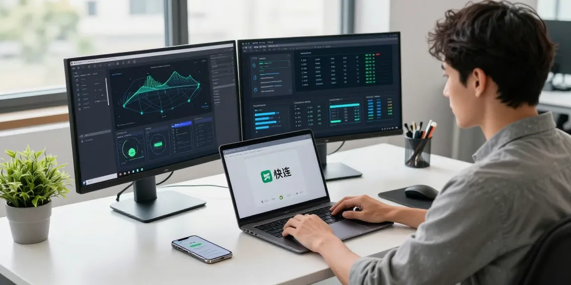 使用快连的用户在现代办公室中专注工作，展示网络性能指标与高效的办公环境。