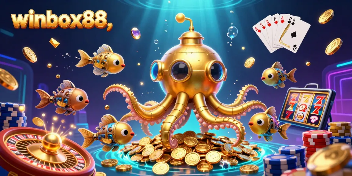 Winbox88 unleashes adventure with a golden kraken submarine amidst cascading coins and a lively casino atmosphere.