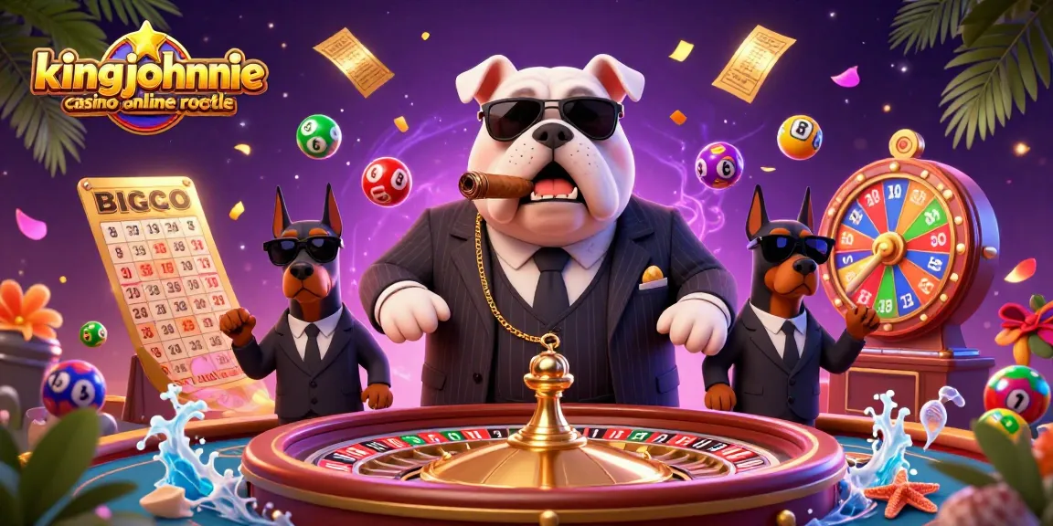 The dynamic scene captures kingjohnnie casino online roulette with a mafia bulldog surrounded by slot elements and vibrant graphics.