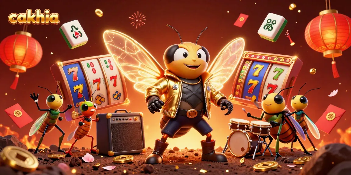 Cakhia delivers exciting slot gaming visuals featuring a cartoon cicada rock star with jackpot elements.