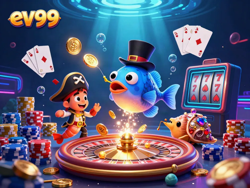 Experience the excitement of ev99 with deep-sea creatures attracting golden coins and vibrant casino elements.