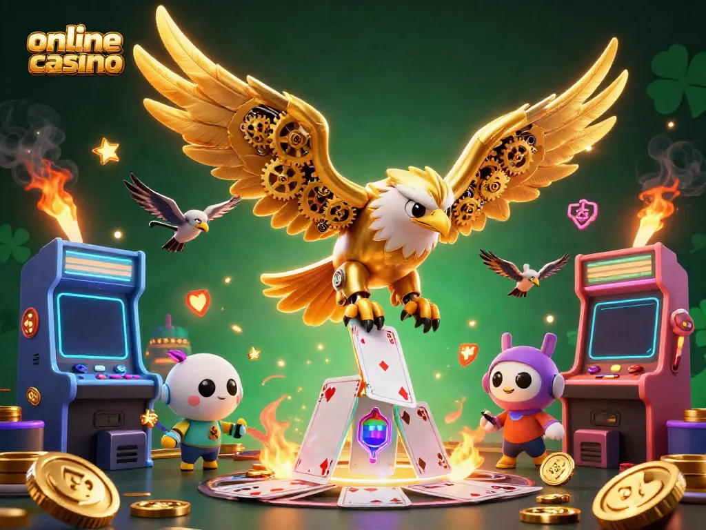 Engage in online casino games with a cybernetic eagle amidst dynamic animated elements.