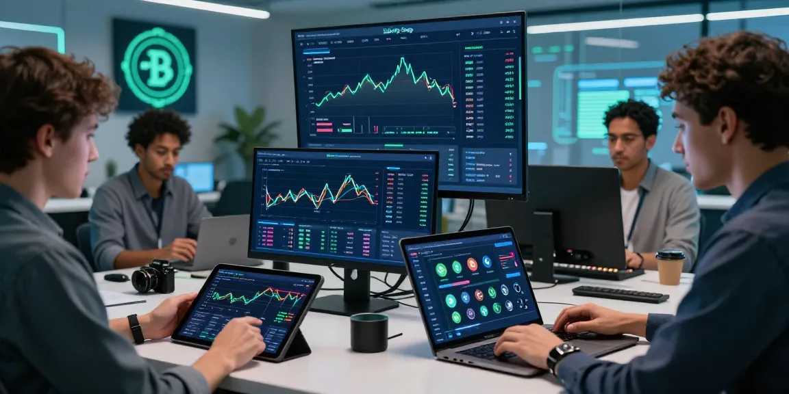 LibertySwap finance dashboard with diverse users engaging in cross-chain transactions in a modern office.