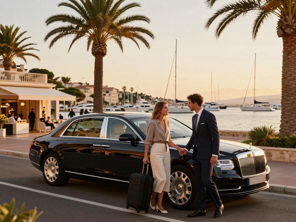 Taxi Saint-Tropez avec chauffeur assistant des clients près du front de mer de luxe.