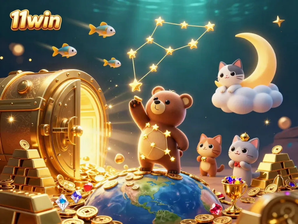 Experience 11win's vibrant online gambling scene with a constellation bear and golden treasures.
