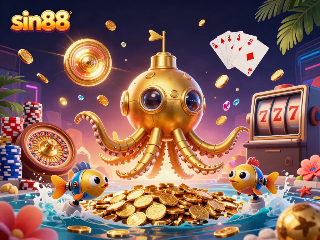 Sail with sin88's fun 3D kraken submarine and coins; explore exciting online gambling