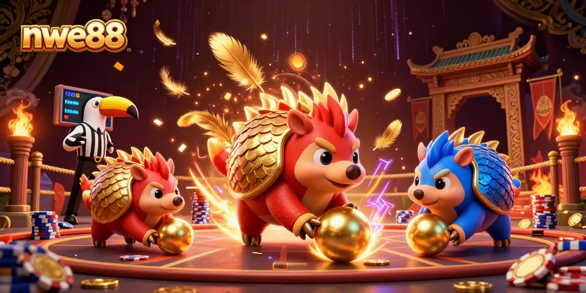Engaging 3D illustration of pangolins competing at nwe88 casino with vibrant casino elements.