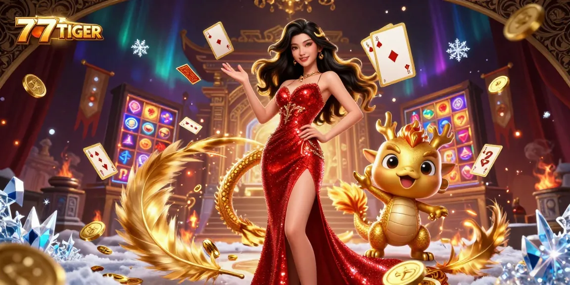 Engage with 777TIGER's vibrant casino experience featuring a stylish Asian woman and a charming dragon.