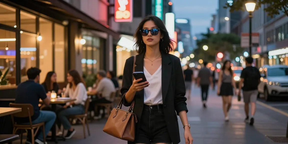 Gái gọi trong không gian phố đi bộ nhộn nhịp, tự tin tỏa sáng với phong cách thời trang độc đáo.