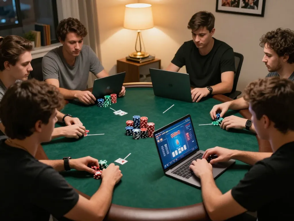 Players engaging in strategic decision-making in an online poker game at XX88 platform, showcasing a lively home gaming setup.