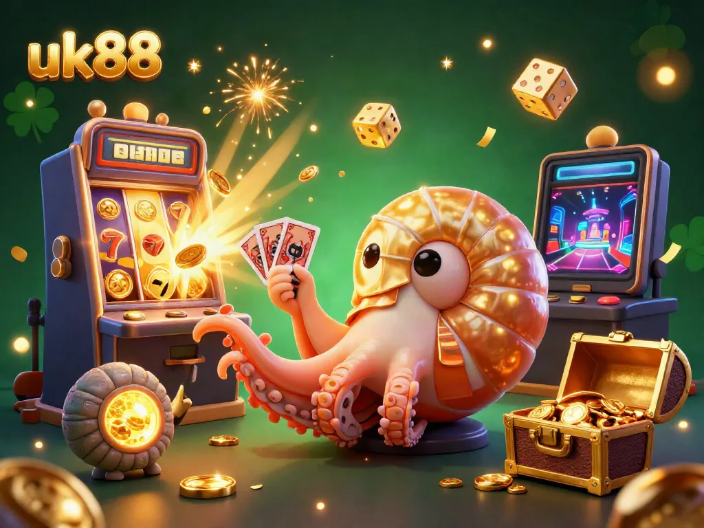 Experience thrilling wins with uk88’s vibrant 3D casino scene showcasing a giant nautilus roulette wheel and joyful gaming elements.
