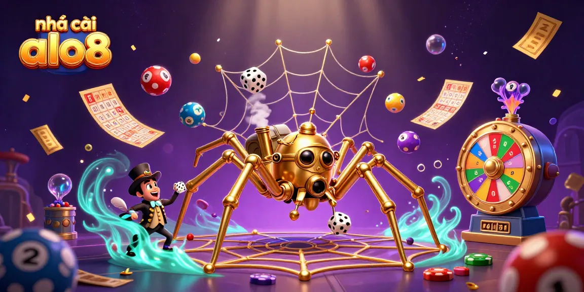 Engage with the dynamic world of nhà cái alo8 as colorful lottery elements animate around a whimsical casino scene.
