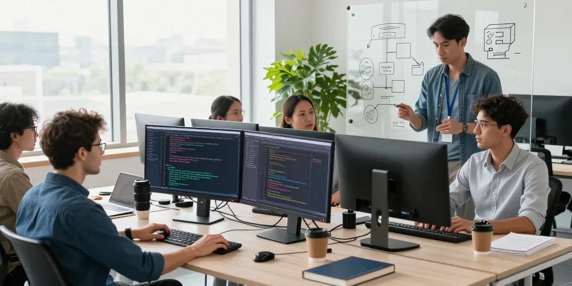Collaborative tech scene showcasing developers using acrossprotocol for cross-chain technology in a modern office.