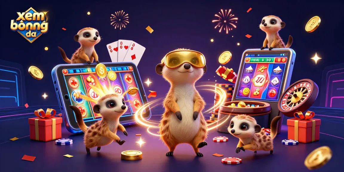Xem bóng đá with meerkat casino characters enjoying a lively gaming scene featuring 3D smartphone and festive atmosphere.