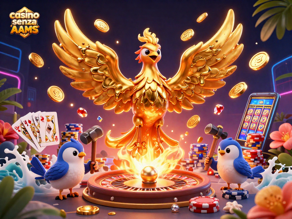 Immagine vibrante di casino senza AAMS con un fenice d'oro e monete volanti in un'illustrazione 3D.