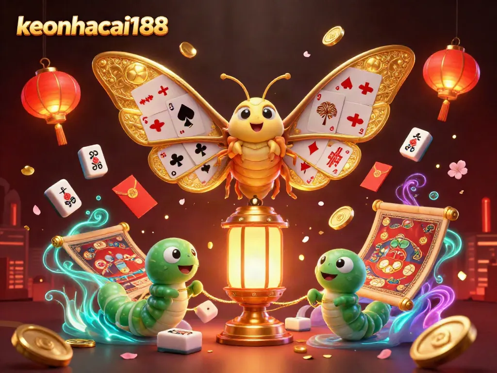Witness the vibrant world of keonhacai188 with a golden-winged moth symbolizing luck and casino excitement.