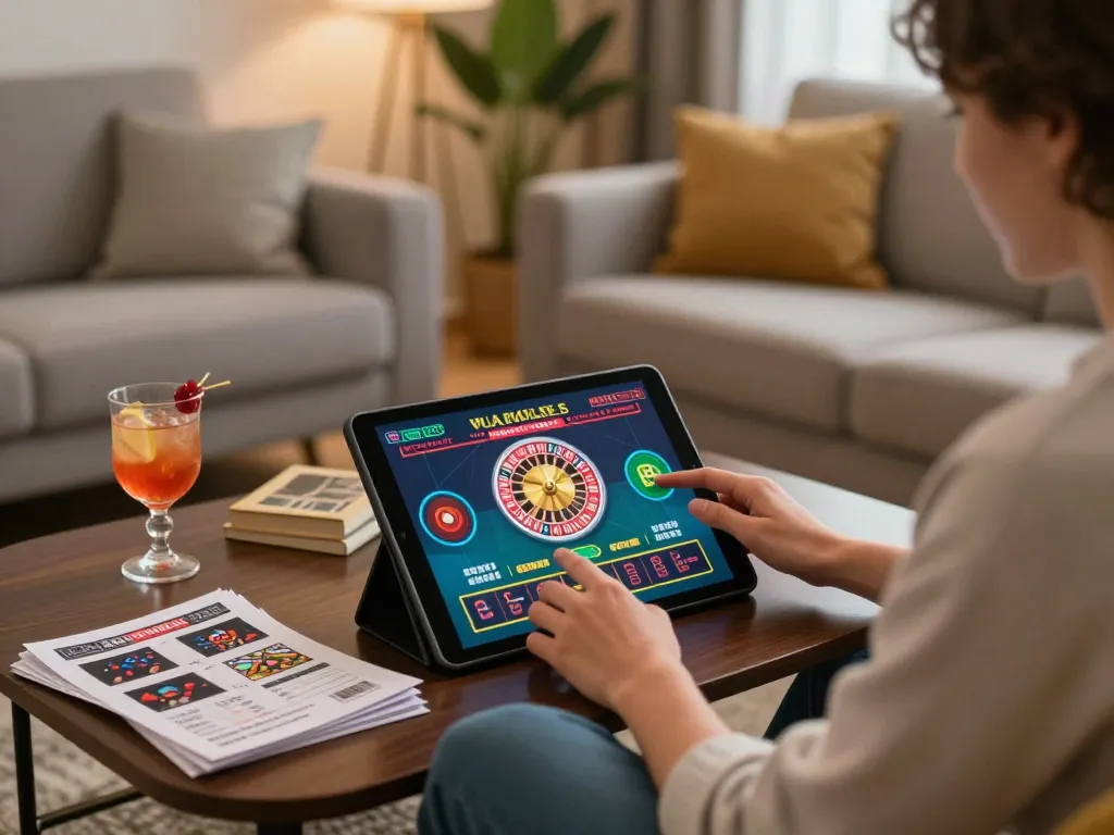 sunwingo user engaging in an online roulette game with tablet on cozy sofa