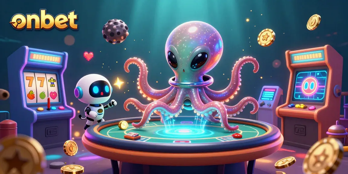 Visualize onbet's vibrant casino adventure with a playful alien octopus at a holographic poker table.