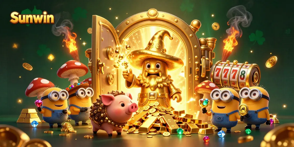 Experience the magic of Sunwin casino with a golden wizard, treasures, and slot reels!