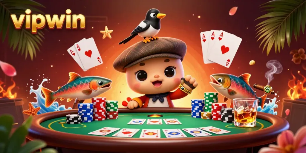 Win big with vipwin in a vibrant cartoon scene featuring poker elements and Nessie!
