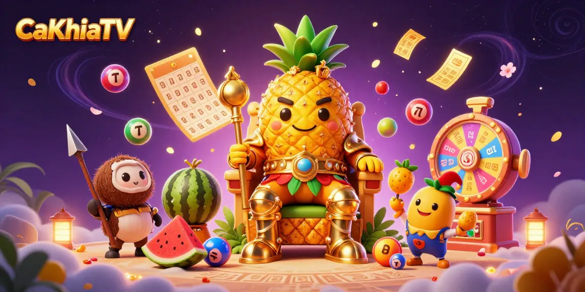 Experience thrilling gameplay at CaKhiaTV with a vibrant 3D scene of fun casino elements and characters.