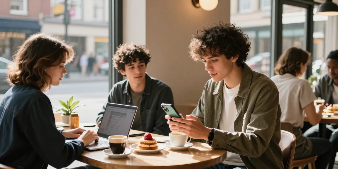 Engaging urban individuals exploring 오피사이트 information in a trendy cafe.