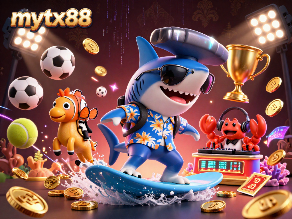 Experience gaming thrills with mytx88 while a shark surfs coins and a crab DJ spins in vibrant underwater fun.