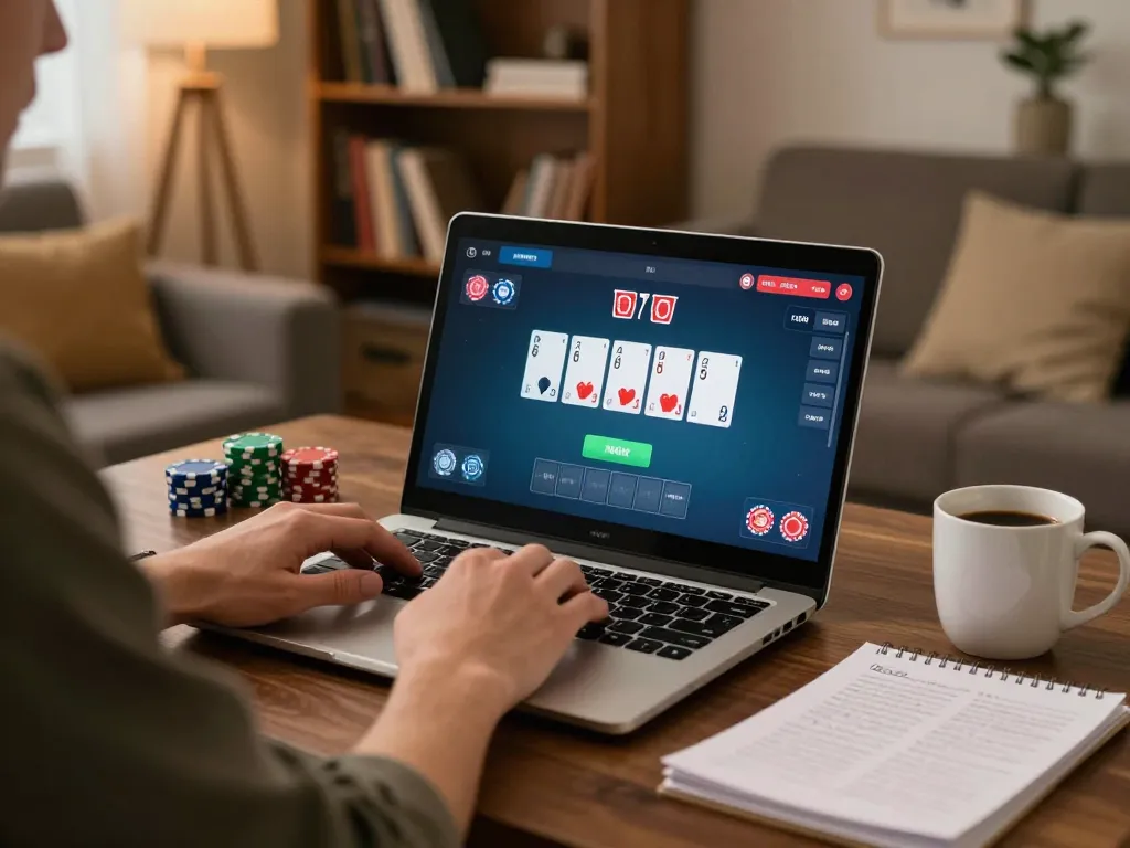 Exciting online poker game scene featuring keonhacai5 interface, cozy home setting with strategic elements