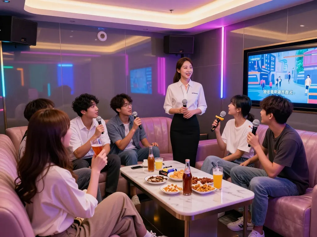 인천쓰리노에서 친구들과 함께하는 카라오케 경험과 독특한 오락을 선보이는 활기찬 분위기.