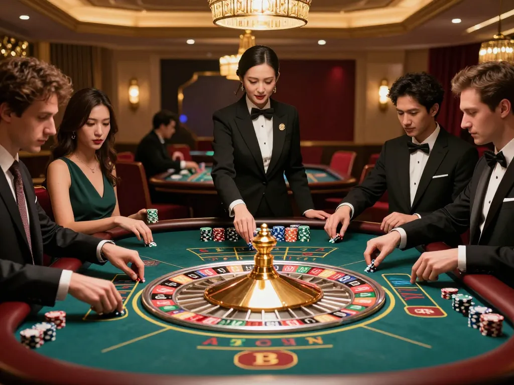 Players engage in strategic bets at a roulette table, showcasing an exciting tr88 bet atmosphere in a vibrant casino.
