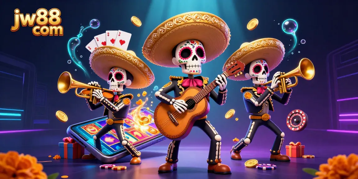 Experience the excitement at jw88 com with a vibrant 3D mariachi casino scene featuring slot games and golden coins.