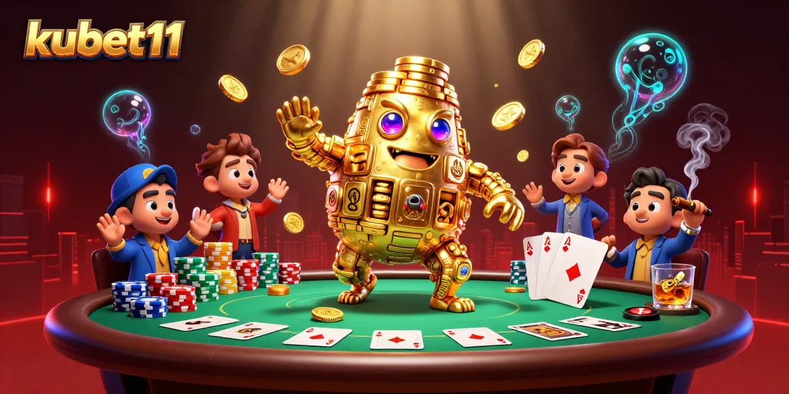 Experience thrilling action with kubet11's dynamic gambling scene featuring a golden golem and poker elements.