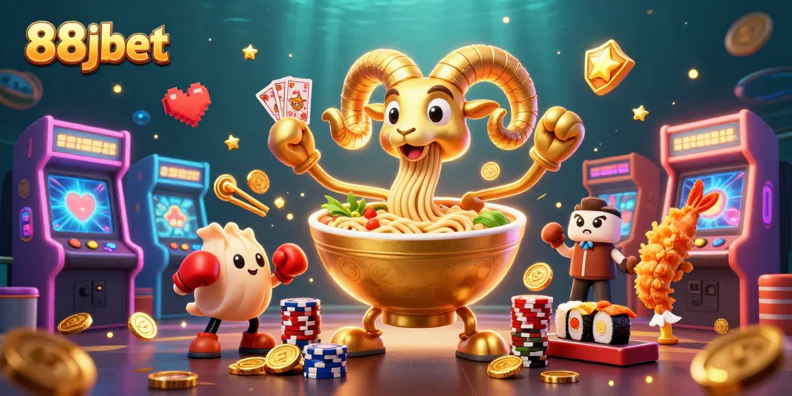 Engage in the vibrant gaming scene with 88jbet as a giant ramen bowl deals cards and chips.