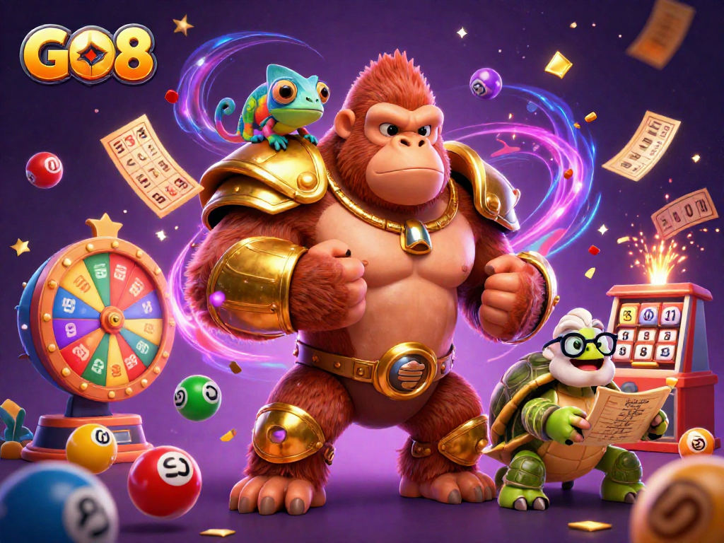 Engage with GO8's exciting world of thrills, featuring dynamic lottery elements and vibrant casino characters.