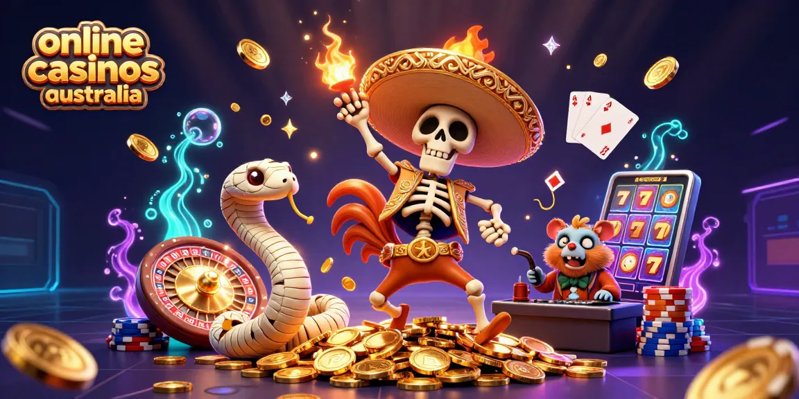 Engage with online casinos Australia through vibrant 3D illustration featuring lively characters and casino elements.