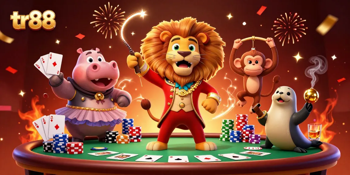 Spin to win at tr88 with a circus-themed poker scene featuring vibrant characters.