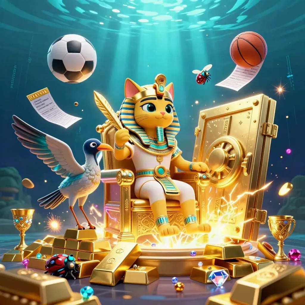 Pharaoh cat, ibis scribe and gem-wing scarabs amid gold, balls and vault light underwater