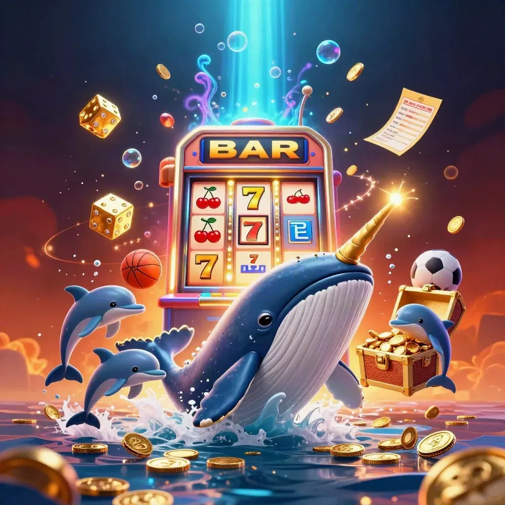 Whale captain, narwhal, dolphins, coins, slot burst, treasure, neon casino action